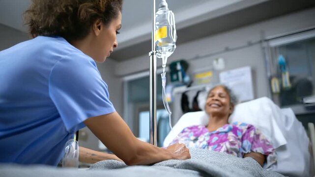Back view of nurse's shoulders attending to bedridden patient with focused IV stand beside bed, with copy space