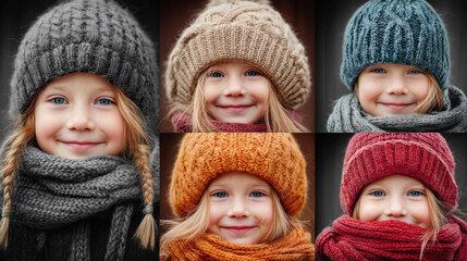 Series of children wearing different colored hats and scarves. The children are smiling and appear to be happy