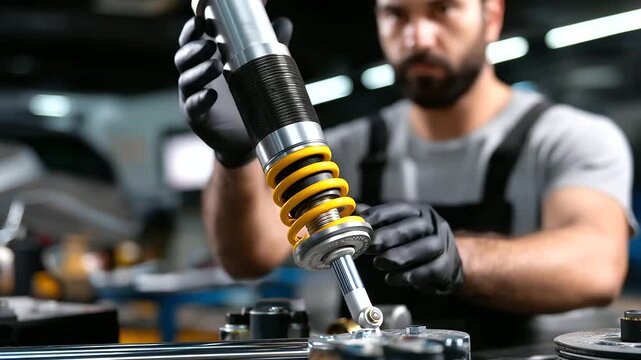 Close-up of gloved hands adjusting coilover suspension unit with blurred mechanic torso in background, with copy space