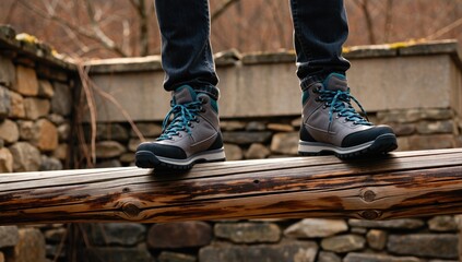 A hiker stands on a log wearing hiking boots, ready for adventure in the great outdoors and nature