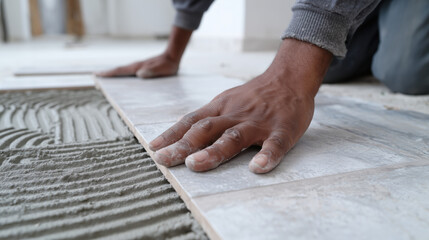 Man is laying tile on a floor. The tile is white and the man is wearing a gray shirt