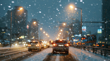 Snowy city street with cars driving down it. The snow is falling and the street lights are on