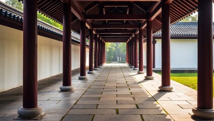 Ancient chinese architecture with red wooden pillars and stone walkway in a traditional garden setting