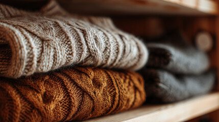 Stack of sweaters on a shelf. The sweaters are of different colors and styles for cozy and warm autumn
