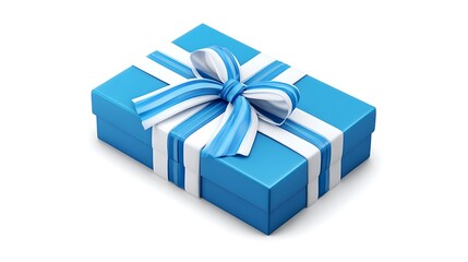 Blue gift box sits on white background. Present with ribbon and bow for marketing, graphic design, web.