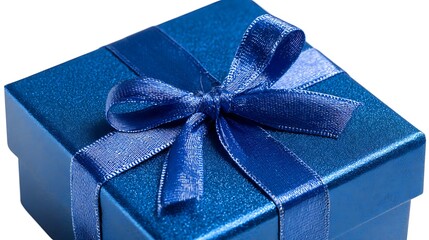 Blue gift box sits isolated with a tied bow. Great for marketing, Christmas, birthdays, web design, and editorial use.