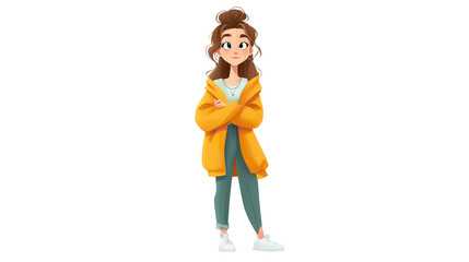 A confident young woman with a messy bun in a vibrant yellow jacket and teal pants standing on transparent background