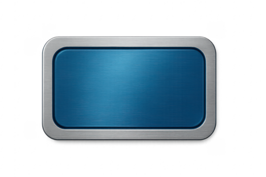 Blue brushed metal button sign with frame