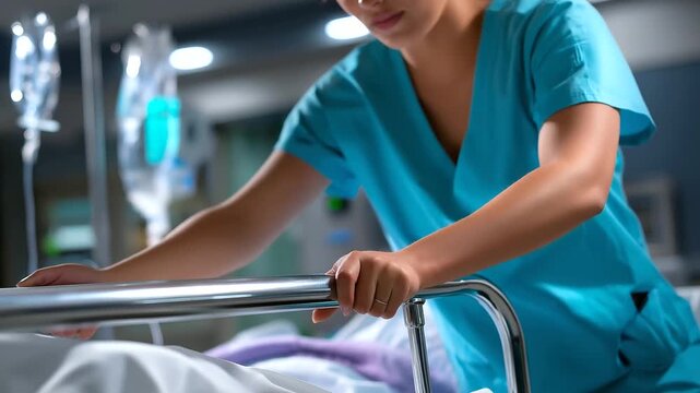 Headless shot of nurse's torso in scrubs adjusting bed rail while managing visible IV equipment, with copy space