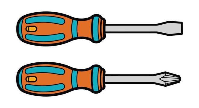 Two screwdrivers with orange handles, one flathead and one phillips head