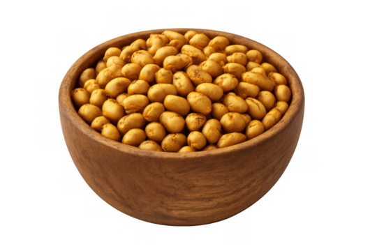 Roasted soy nuts in wooden bowl, healthy crunchy snack for a balanced diet, transparent background
