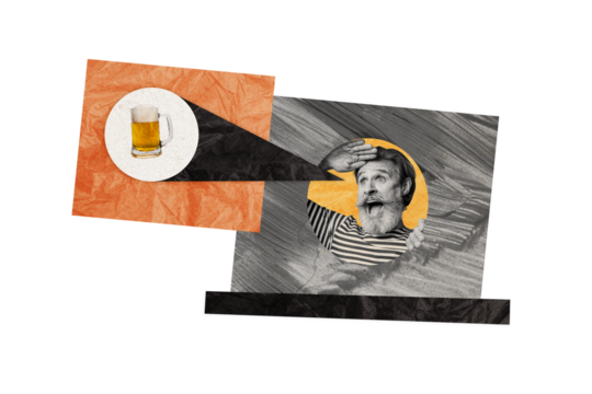 Composite photo collage of excited old man look out beer beverage alcohol addiction party text box desire isolated on painted background