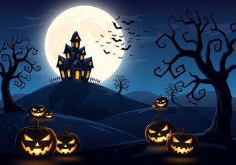 Spooky Halloween night scene with a haunted house under a full moon, glowing jack-o’-lantern pumpkins, flying bats, and leafless trees in a dark blue landscape.