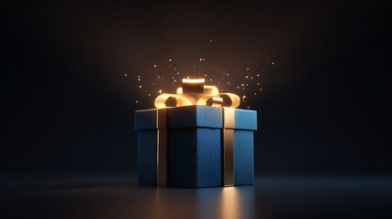 Gift box sparkles in the darkness. Blue, gold, luxury design. Suitable for marketing, greeting cards, websites, promotional material.
