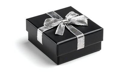 Presents a black gift box with a silver ribbon, isolated on white. Use for holidays, anniversaries, marketing, promotions, and website banners.