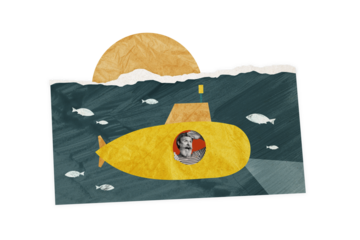 Composite photo collage of old man sailor inside submarine undersea discover explore tourist summer voyage isolated on painted background