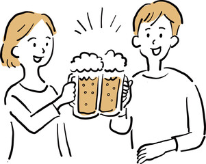 Hand-drawn illustration of a couple cheering with beer mugs