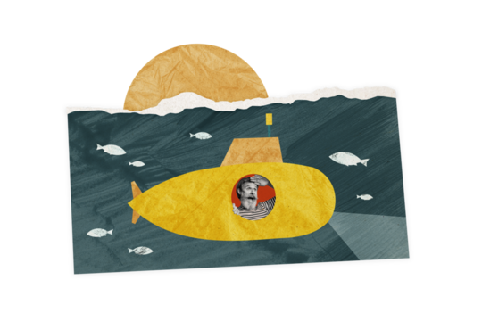 Composite photo collage of old man sailor inside submarine undersea discover explore tourist summer voyage isolated on painted background