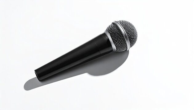 Black microphone casting soft shadow on a clean white surface