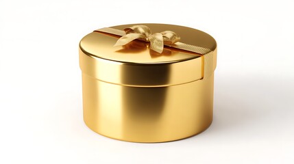 Golden Gift Box Shimmers. Round present with ribbon isolated for marketing, web, design.