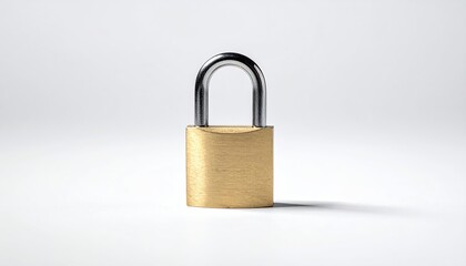 Fototapeta premium Gold padlock with steel shackle on white backdrop