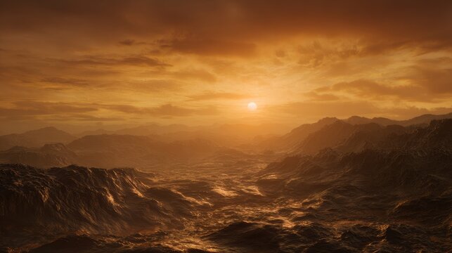 Stunning hyper realistic sunrise on venus with glowing lava rivers and dense yellow orange clouds