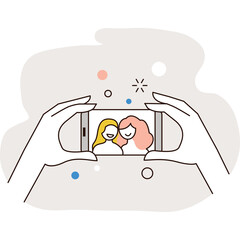 Two smiling women with blonde and pink hair posing  on a smartphone held by two hands against a light grey background with scattered small circles and sparkle accents symbolizing joy and friendship