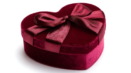 Burgundy heart-shaped velvet box sits on white. Ideal for Valentine's marketing, design projects, web content. Symbolizes love, presents, romance.