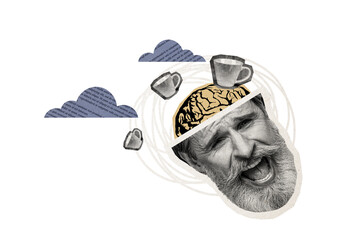 Composite photo collage of scream old man cut head brain think coffee cup beverage addiction drink...