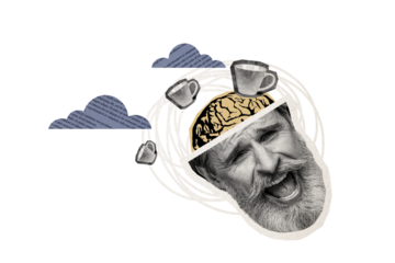 Composite photo collage of scream old man cut head brain think coffee cup beverage addiction drink beverage isolated on painted background