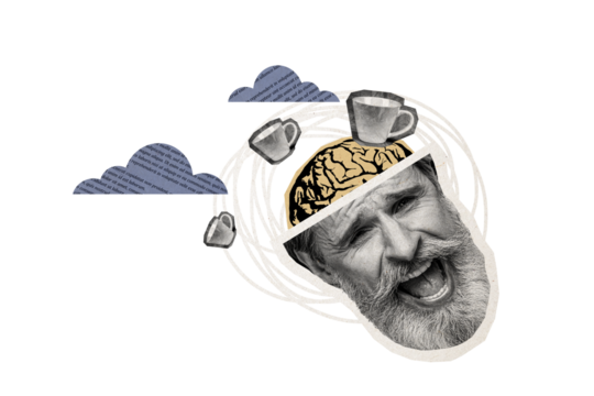 Composite photo collage of scream old man cut head brain think coffee cup beverage addiction drink beverage isolated on painted background