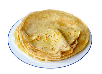 stack of traditional french homemade crepes, in a plate isolated on transparent or white background
