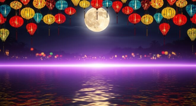 Hoi An Lantern Full Moon banner background, lantern reflection on river
