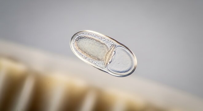 Close-up of a clear NuvaRing contraceptive device floating in the air.