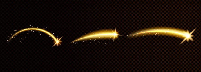 Shooting stars arc light set. Magic golden arch curve lines. Stardust on night sky collection. Meteor with glowing glimmer trail and dust. Vector illustration on transparent background. © Syuzann q