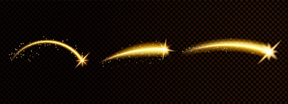Shooting stars arc light set. Magic golden arch curve lines. Stardust on night sky collection. Meteor with glowing glimmer trail and dust. Vector illustration on transparent background.