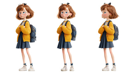 A thoughtful student with her arms crossed in a yellow cardigan blue skirt showing pre exam on transparent background