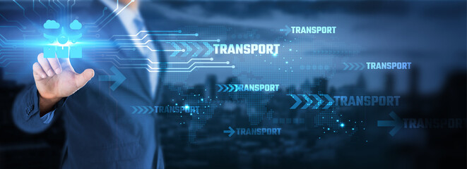 Hand interacts with glowing transport icon (cloud/vehicles). Digital lines over city background highlight smart logistics, future mobility, and tech-driven transportation solutions.