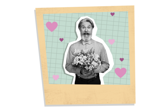 Creative photo picture elder man hold bouquet flowers present bunch blossom valentine day macho gift surprise romantic feelings lover