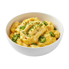 Savor the vibrant flavors of perfectly scrambled eggs infused with spicy jalape&ntilde;os and fresh chives, a culinary delight ready to elevate any meal.