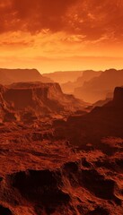 Naklejka premium Hyper realistic red canyons under a fiery orange sky with rolling dust clouds and dramatic shadows