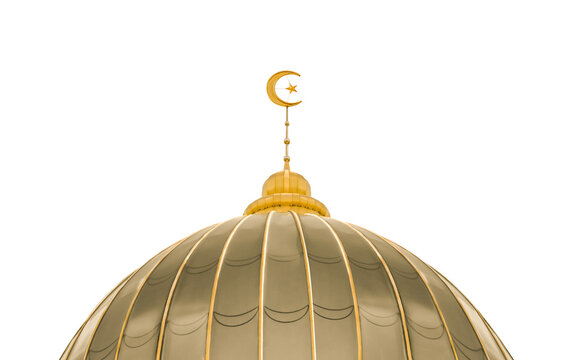 Golden mosque dome with crescent moon, star isolated on background. Symbol of Islam, Muslim faith,architecture.Elements for Ramadan, Eid,Islamic design themes of spirituality, and cultural heritage