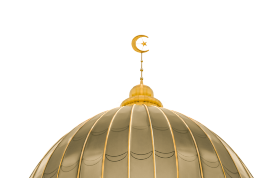 Golden mosque dome with crescent moon, star isolated on background. Symbol of Islam, Muslim faith,architecture.Elements for Ramadan, Eid,Islamic design themes of spirituality, and cultural heritage