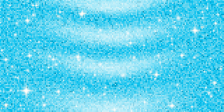 Blue pool water with white mirror glimmer sparkles background. Glossy disco ball mosaic. Shiny aquamarine pattern. Festive fashion swimming pool decoration. Glam folded fabric. Vector illustration.