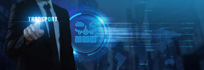 Businessman interacts with a futuristic TRANSPOR Tinterface featuring an airplane and cargo icon, symbolizing global logistics, smart transportation, and the future of mobility and supply chain