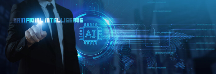 
Businessman interacts with a futuristic "ARTIFICIAL INTELLIGENCE" interface featuring an AI chip icon, symbolizing machine learning, intelligent systems, and the future of technology and innovation.