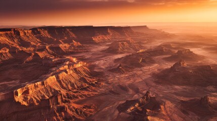Naklejka premium Dramatic red rocky terrain with deep canyons and dust storms under an eerie orange sky