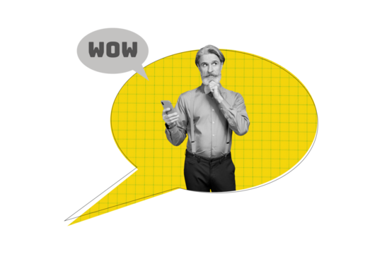 Creative collage senior man pensioner think dilemma hmm guess wow textbox phrase decide smartphone digital device reply answer