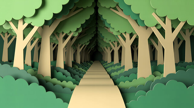 Paper art forest path with trees and foliage