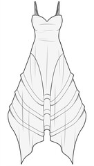 Strap Handkerchief Hem Flared Dress Fashion Illustration, Vector, CAD, Technical Drawing, Flat Drawing, Template, Mockup.